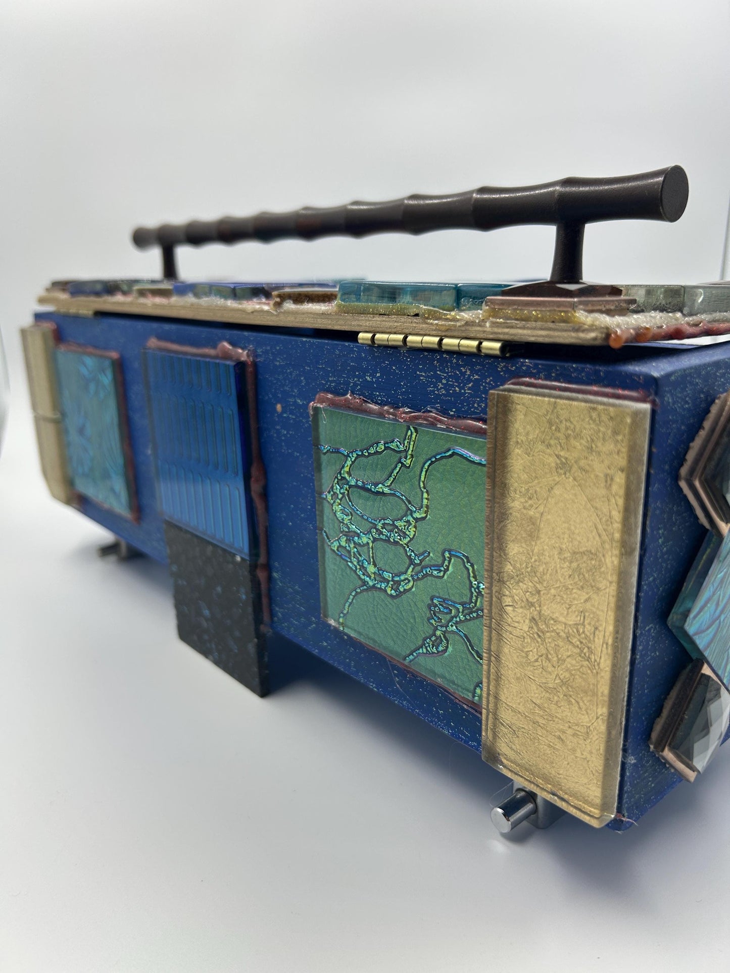Upcycled Wine Box Keepsake Chest | Stained Glass Mosaic Decor