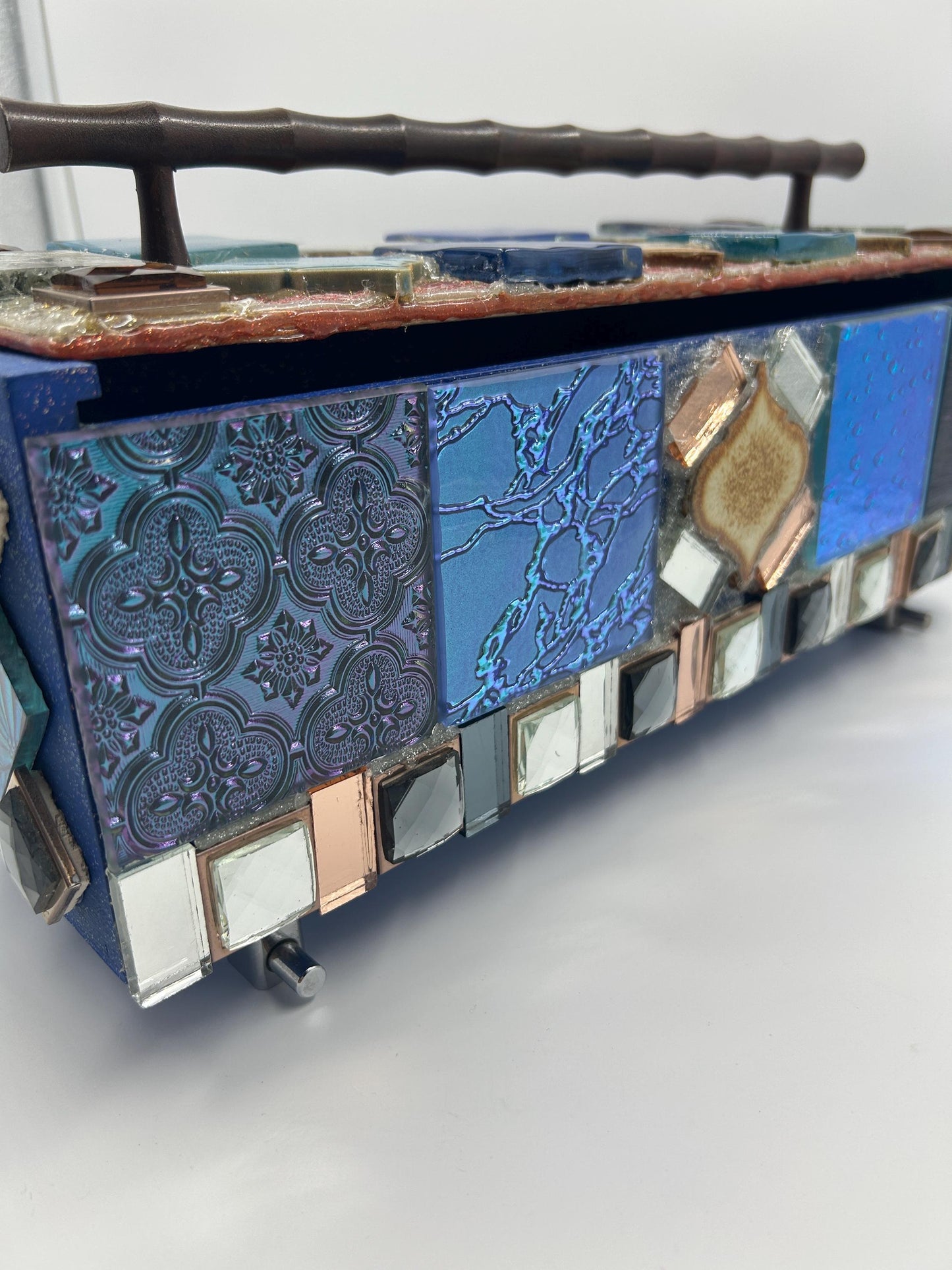 Upcycled Wine Box Keepsake Chest | Stained Glass Mosaic Decor