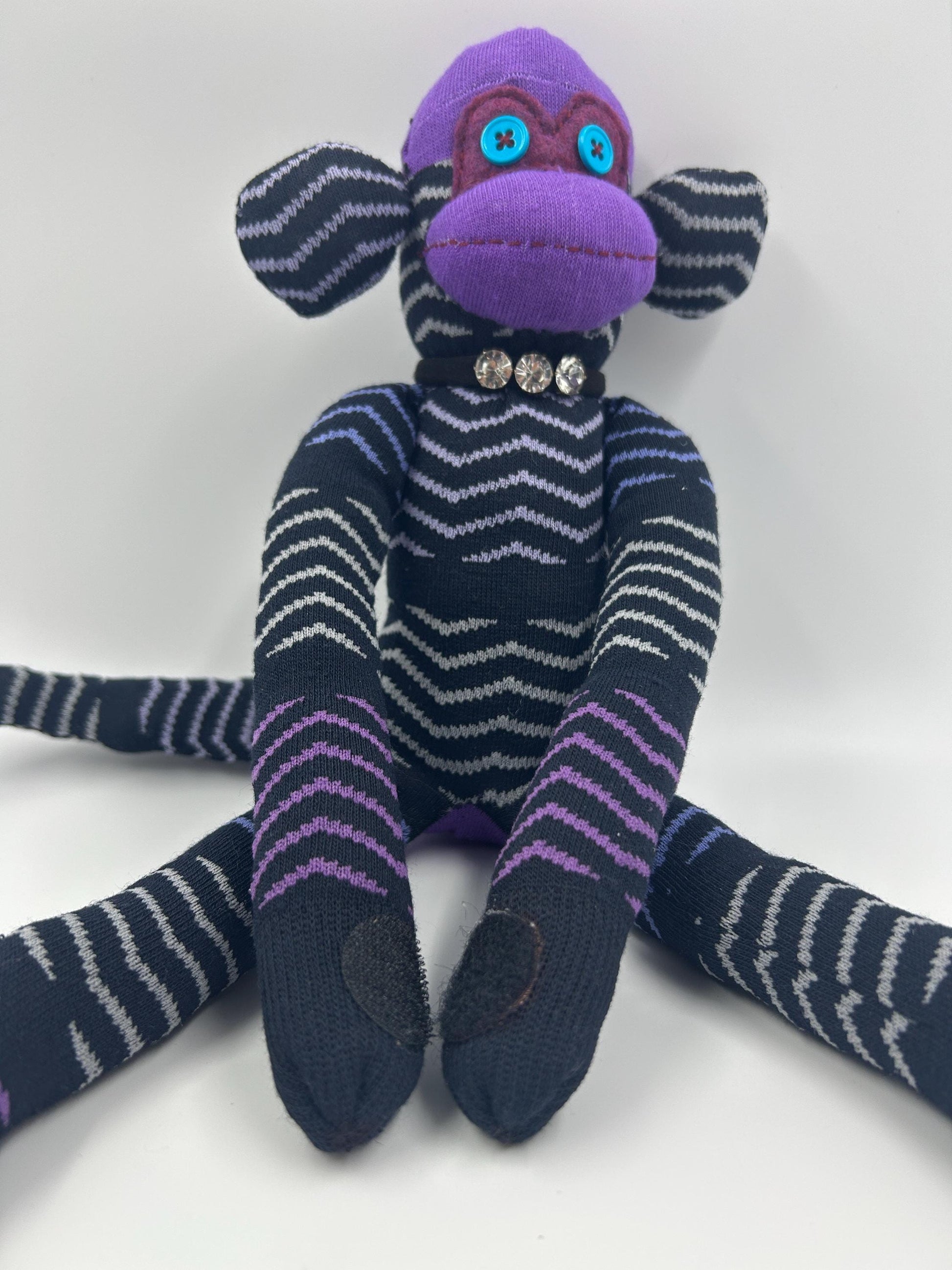 Purple & Black Striped Sock Monkey - Handmade Upcycled Stuffed Toy, One of a Kind Gift