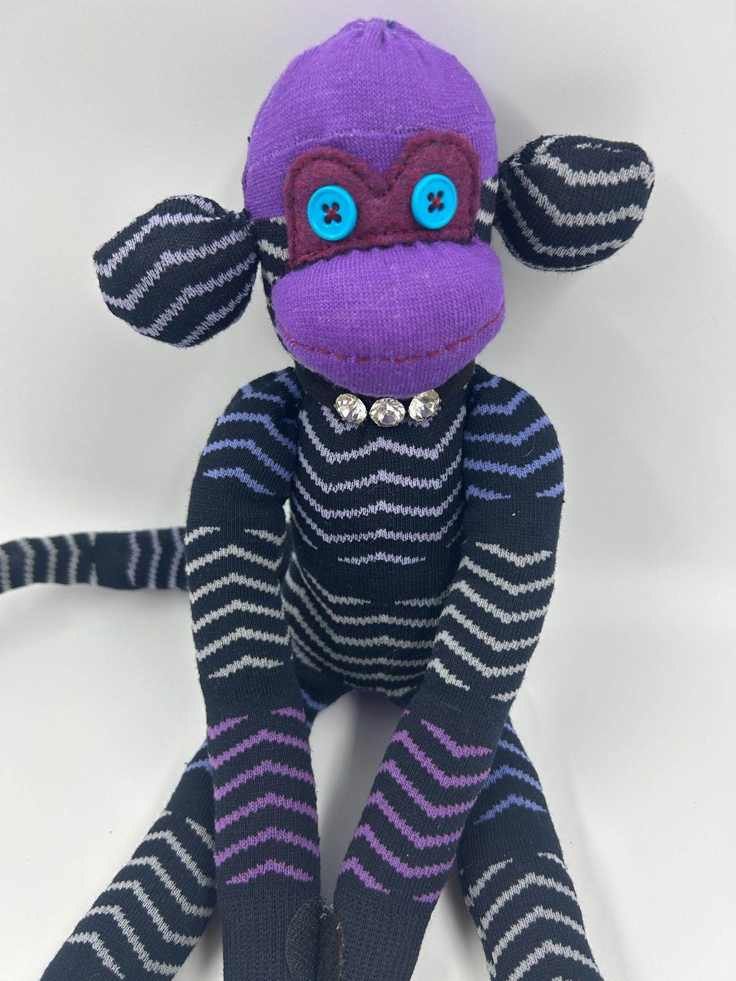 Purple & Black Striped Sock Monkey - Handmade Upcycled Stuffed Toy, One of a Kind Gift