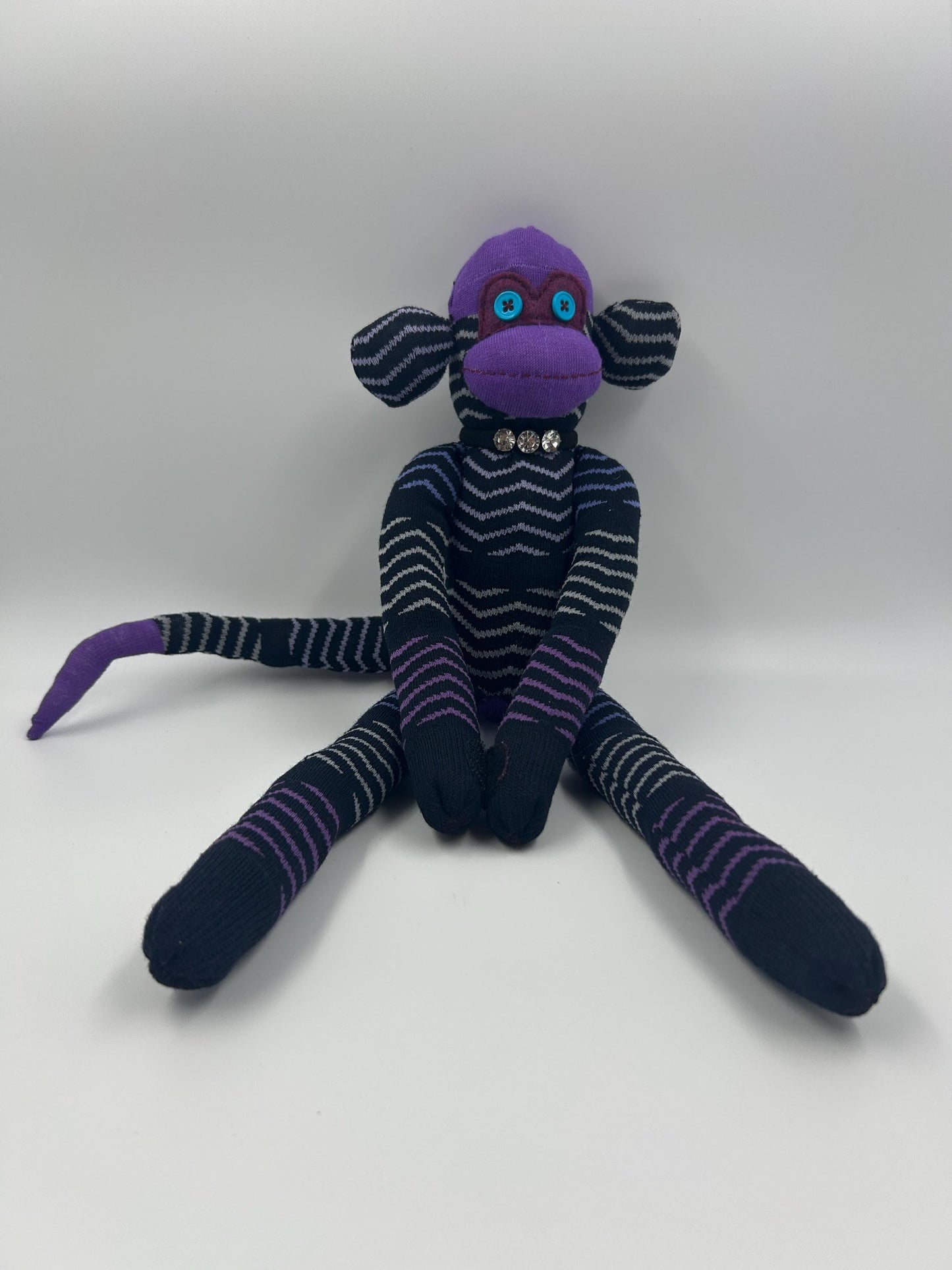 Purple & Black Striped Sock Monkey - Handmade Upcycled Stuffed Toy, One of a Kind Gift