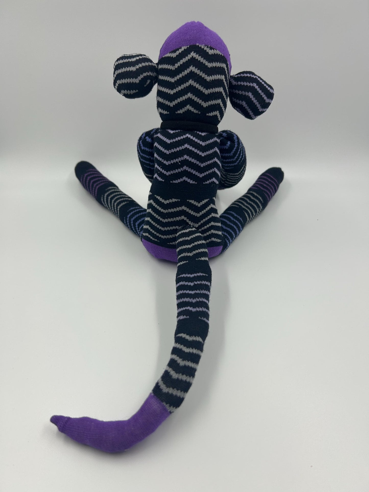 Purple & Black Striped Sock Monkey - Handmade Upcycled Stuffed Toy, One of a Kind Gift