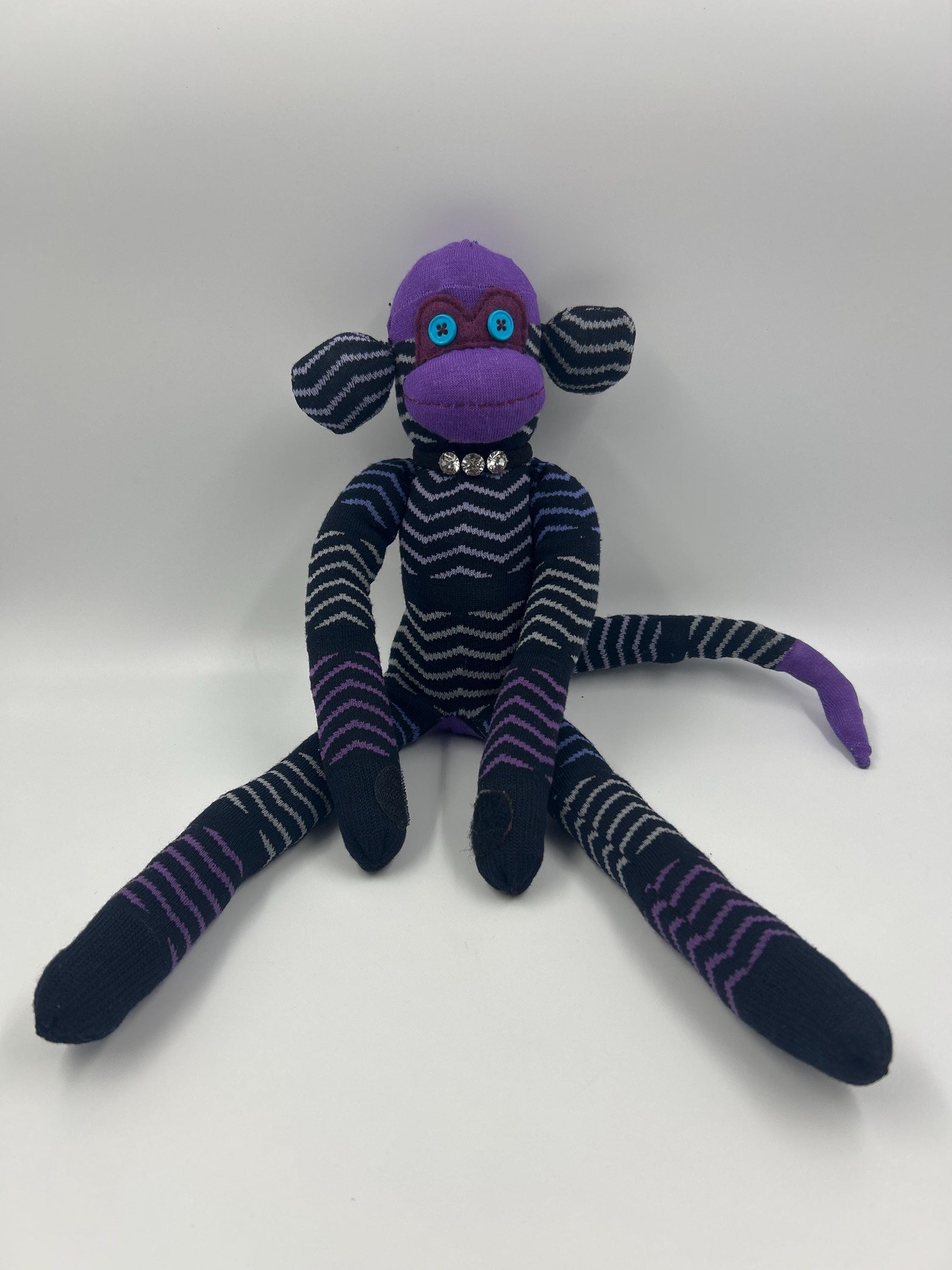Purple & Black Striped Sock Monkey - Handmade Upcycled Stuffed Toy, One of a Kind Gift