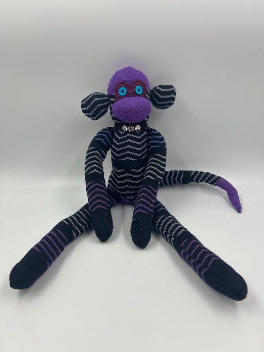 Purple & Black Striped Sock Monkey - Handmade Upcycled Stuffed Toy, One of a Kind Gift